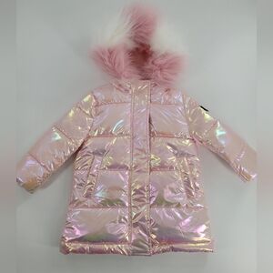 Sam Edelman Girls' Iridescent Winter Puffer Coat - Faux Fur Hood Size 2T